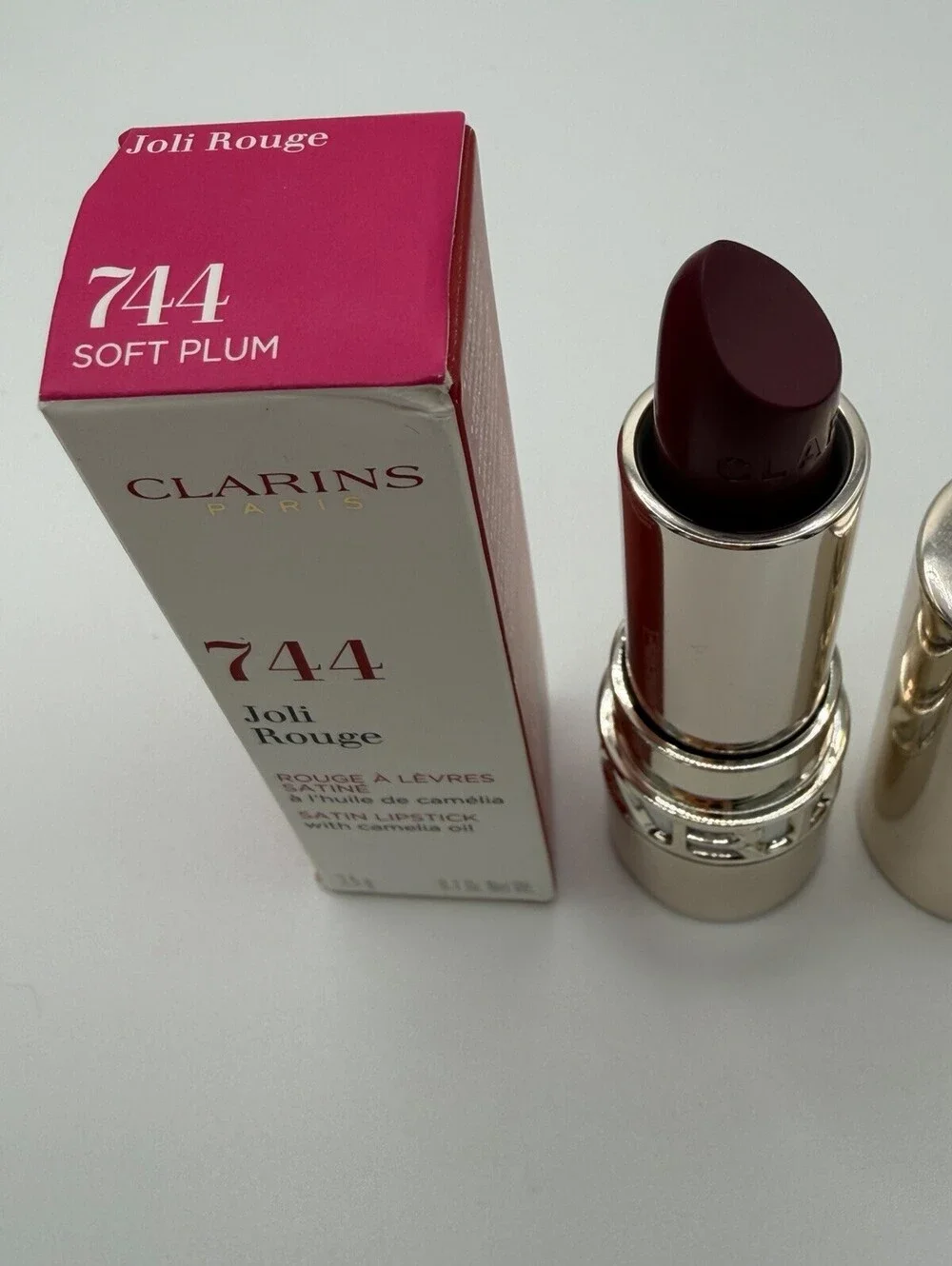 Clarins Joli Rouge Satin Lipstick 744 Soft Plum 3.5g New In Box Camellia Oil